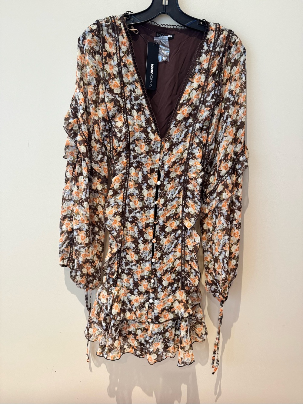 Fashion Nova Brown Floral Midi Dress with Orange and Cream Blooms